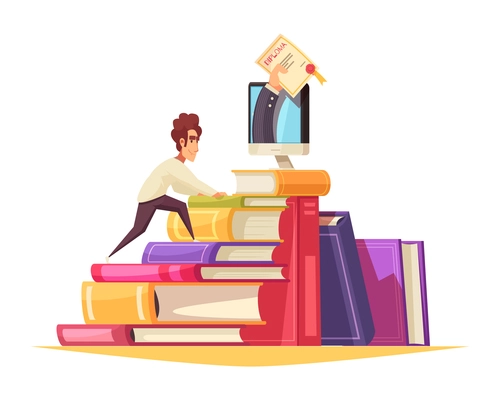 Online courses cartoon composition with graduate student climbing textbooks pile to get diploma from monitor vector illustration