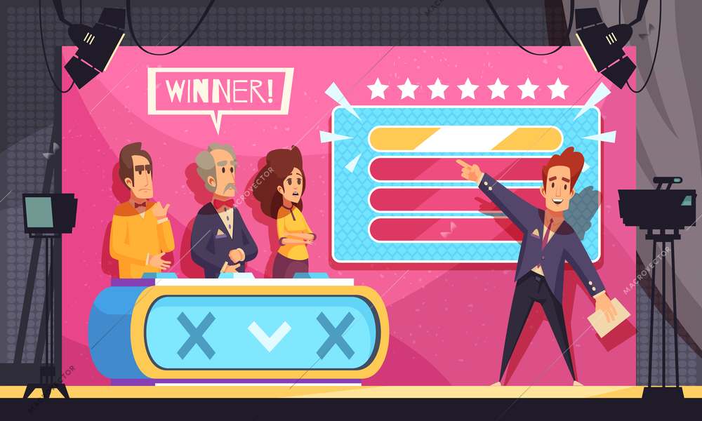 Popular tv guess word game television show final moment cartoon composition with host contestants winner vector illustration