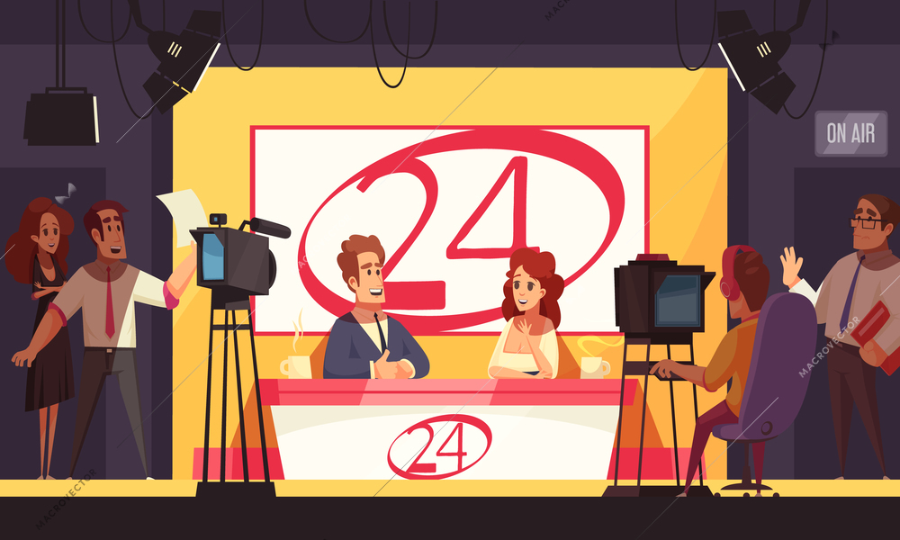 TV live events breaking news politics 24 hours broadcasting cartoon composition with reporters in studio vector illustration