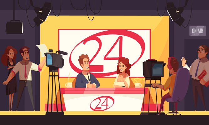 TV live events breaking news politics 24 hours broadcasting cartoon composition with reporters in studio vector illustration