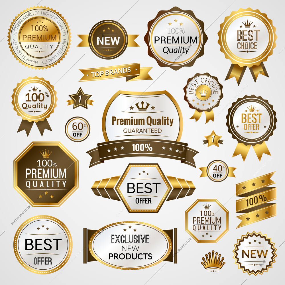 Luxury golden premium quality best choice labels set isolated vector illustration