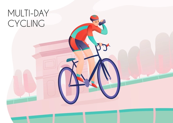 Sportsman with water bottle in bright athletic clothing during multi day cycling on arch background vector illustration