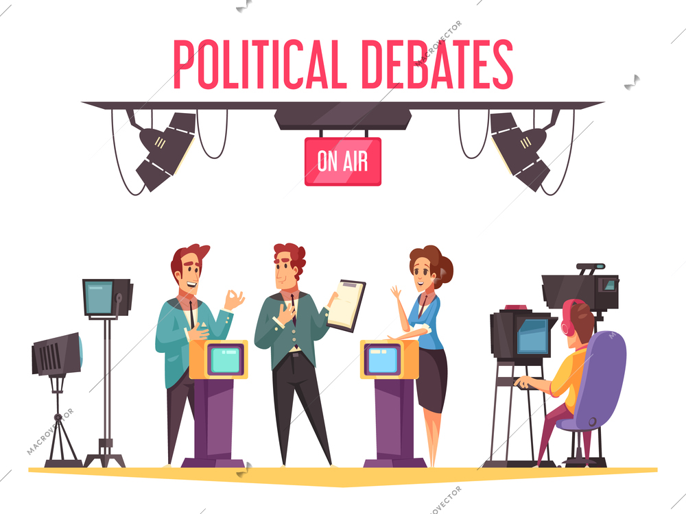 TV live political debates show with campaign participants presenting programs and confronting opponents cartoon composition vector illustration