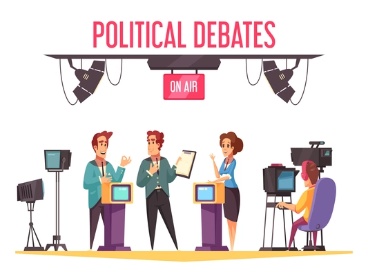 TV live political debates show with campaign participants presenting programs and confronting opponents cartoon composition vector illustration