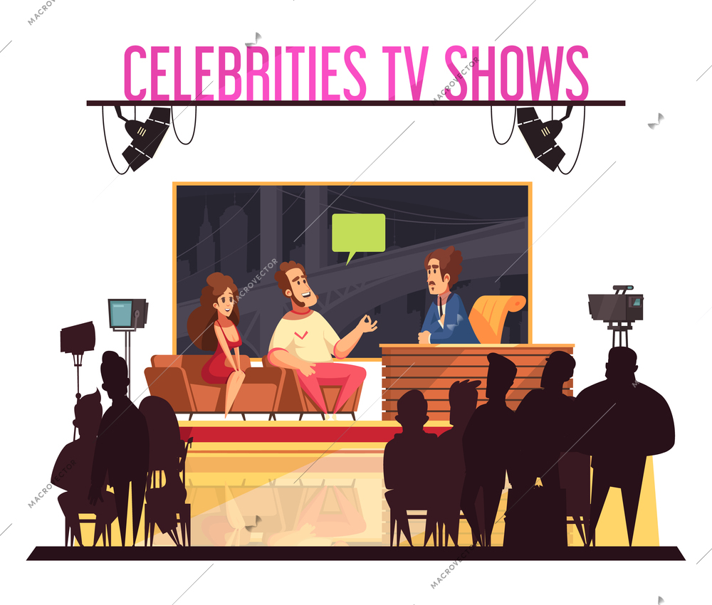 Tv celebrities quiz show with host famous couple giving answers camera operator audience silhouettes cartoon vector illustration