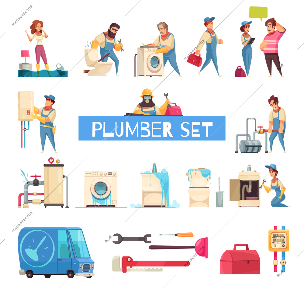 Plumber big cartoon set with burst pipes repair flooded home fixing sanitary washing machine installation vector illustration