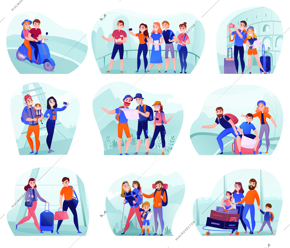 Set of compositions with travelers in various activity with luggage and tourist equipment isolated vector illustration