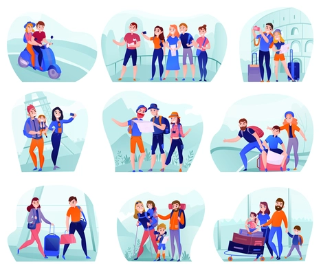 Set of compositions with travelers in various activity with luggage and tourist equipment isolated vector illustration