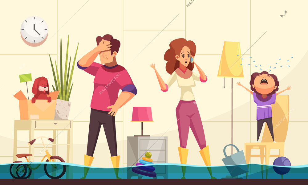 Flooded house emergency flat cartoon image with family home calling plumber to fix burst pipes vector illustration