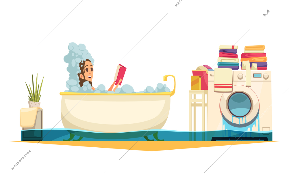 Broken washing machine bathroom flooding   emergency cartoon composition with taking bath woman need plumber help vector illustration
