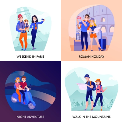 Travelers during holiday in paris and rome walking in mountains night adventure design concept isolated vector illustration