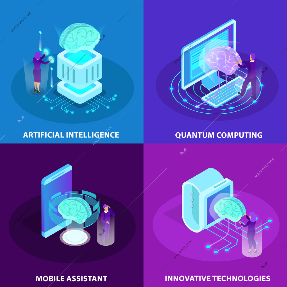 Artificial intelligence 2x2 design concept set of innovative technologies quantum computing mobile assistant isometric glow icons vector illustration