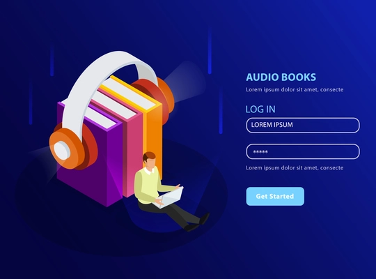 Audio books isometric background in landing page template format with headphones and stack of textbooks glow icons vector illustration