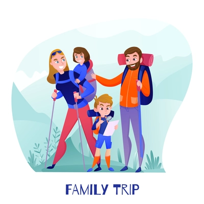 Family travelers parents and kids with tourist equipment and map during hiking in mountains vector illustration