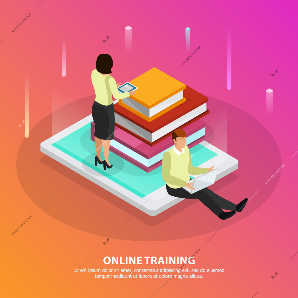 Online training design concept with male and female persons and stack of tutorials on smartphone screen isometric vector illustration