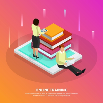 Online training design concept with male and female persons and stack of tutorials on smartphone screen isometric vector illustration