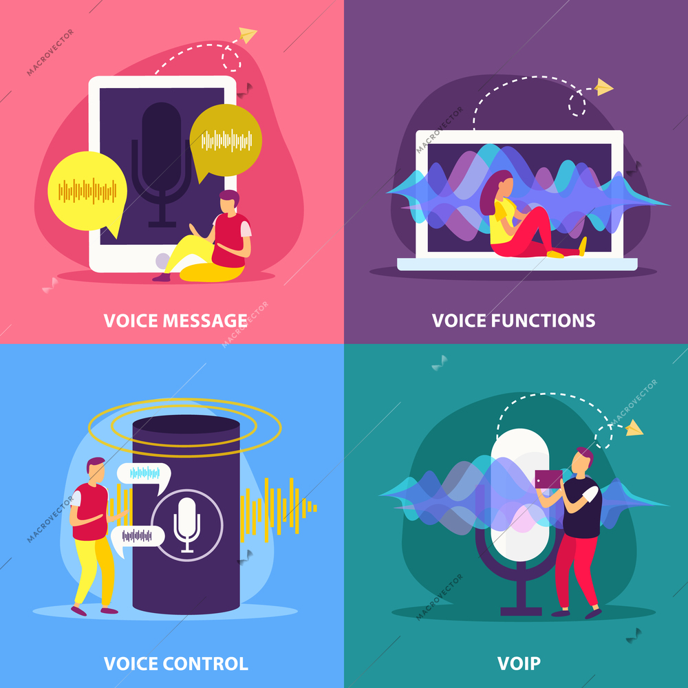 Voice functions 2x2 design concept set of recognition communication message control in smart home flat vector illustration