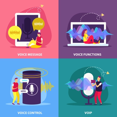 Voice functions 2x2 design concept set of recognition communication message control in smart home flat vector illustration