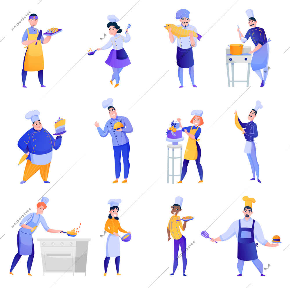 Set of professional cooks with culinary tools during food preparation and with ready dishes isolated vector illustration