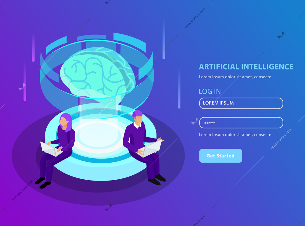 Artificial intelligence isometric background  in landing page format with glowing image of  brain layout vector illustration