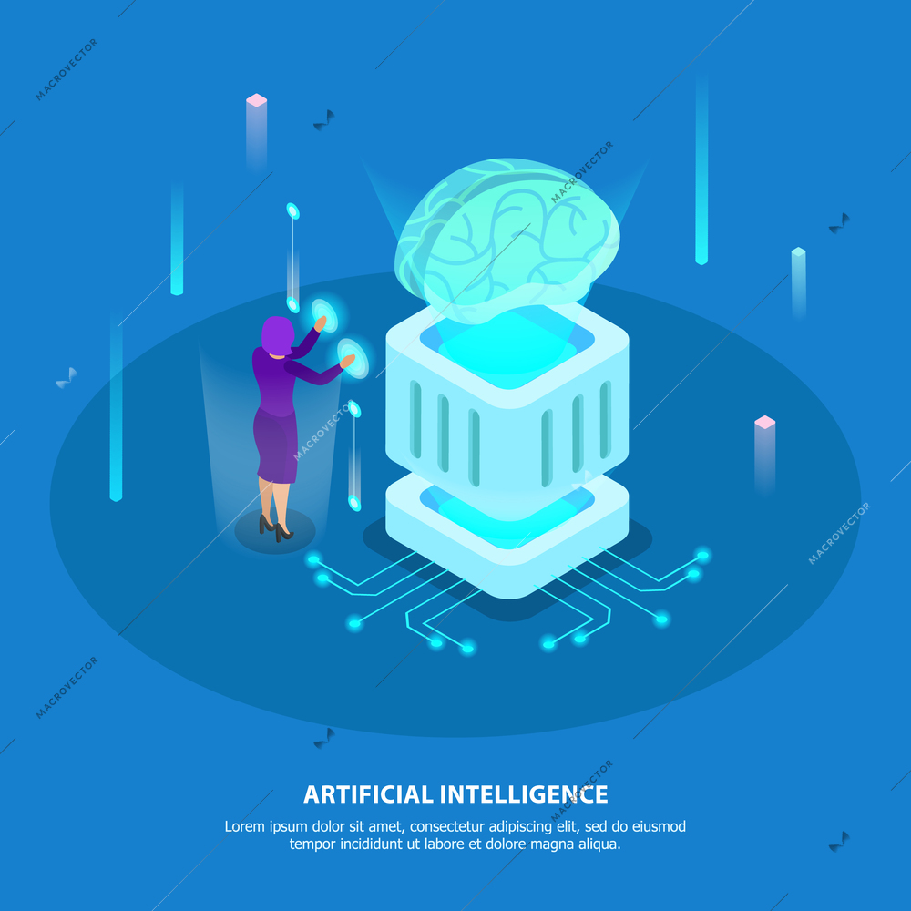 Artificial intelligence design concept with super computer chip and digital robotic brain isometric glow icons vector illustration