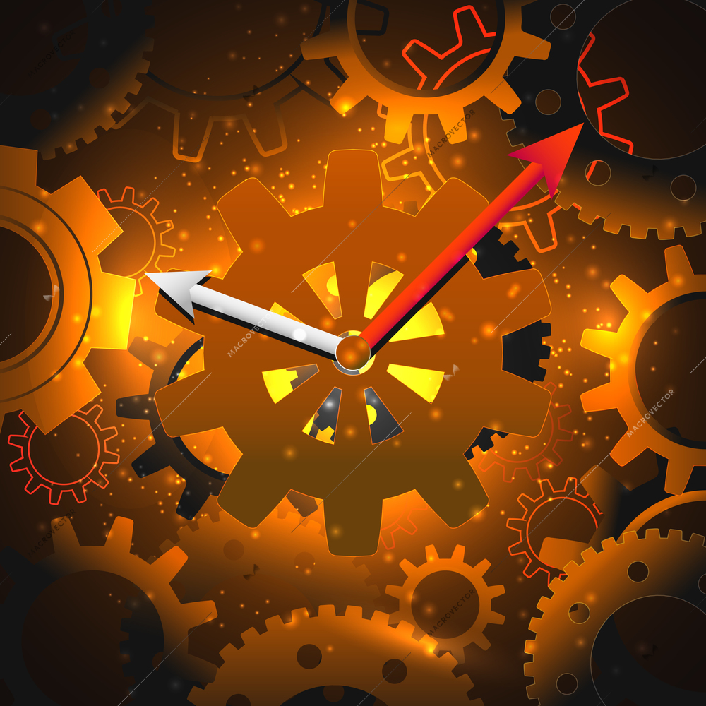 Golden gears clock engineering time concept technical background vector illustration.