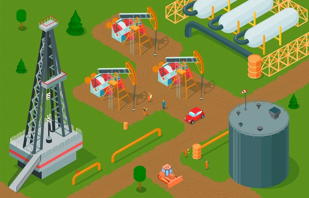 Isometric oil industry horizontal composition with petroleum production facilities storage and factory buildings with pump jacks vector illustration