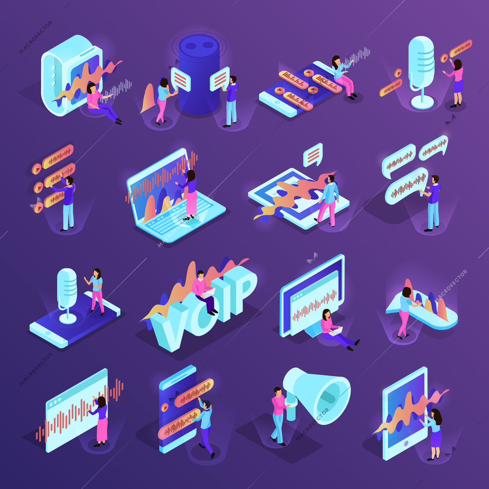 Voice control isometric icons set of different devices for smart home and personal gadgets supporting voice management programs isolated vector illustration