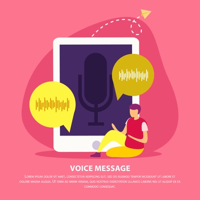 Flat background with male character sending voice message by intelligent audio identification app in his smartphone vector illustration