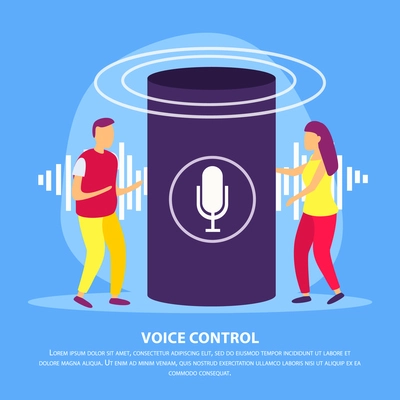 Smart speaker with voice control flat background with young couple demonstrating device for their smart home vector illustration