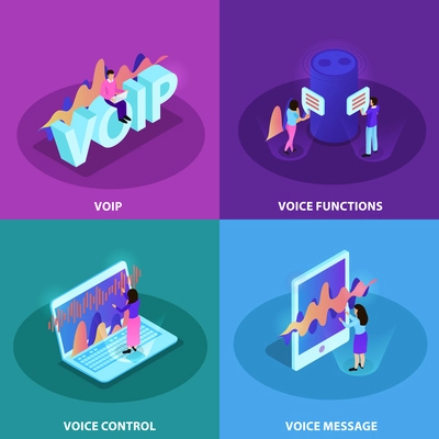 Voice control 2x2 design concept set of square icons demonstrating modern devices with functions of voice recognition and voip communication isometric vector illustration