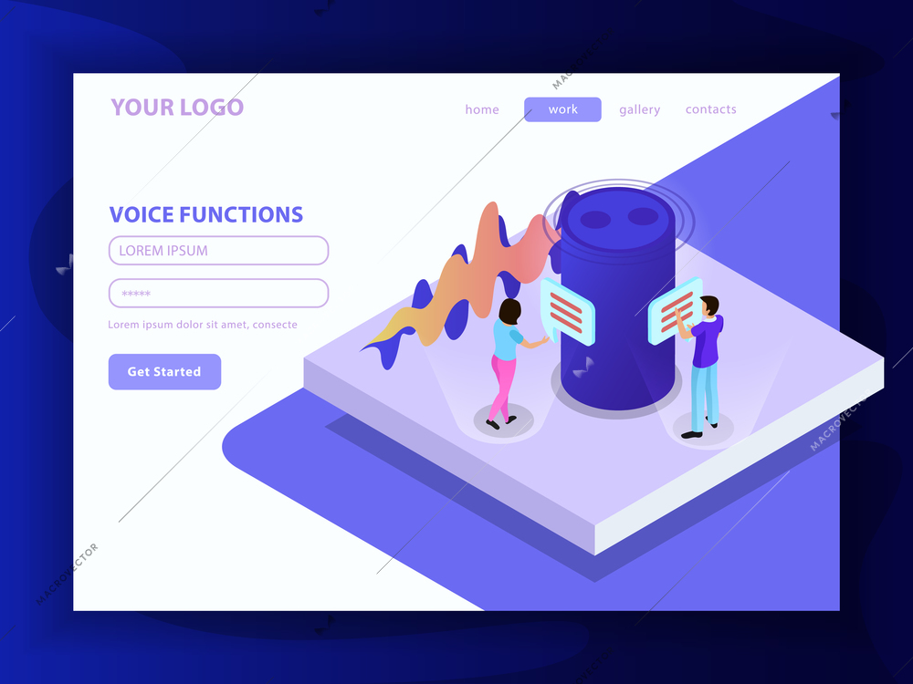 Voice functions composition in landing page format with smart speaker and people communicating by voice messages  isometric vector illustration