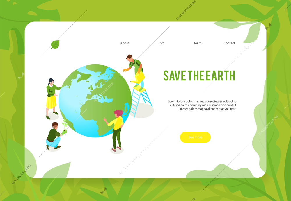 Isometric ecology pollution concept banner web page design with earth globe human characters and clickable links vector illustration
