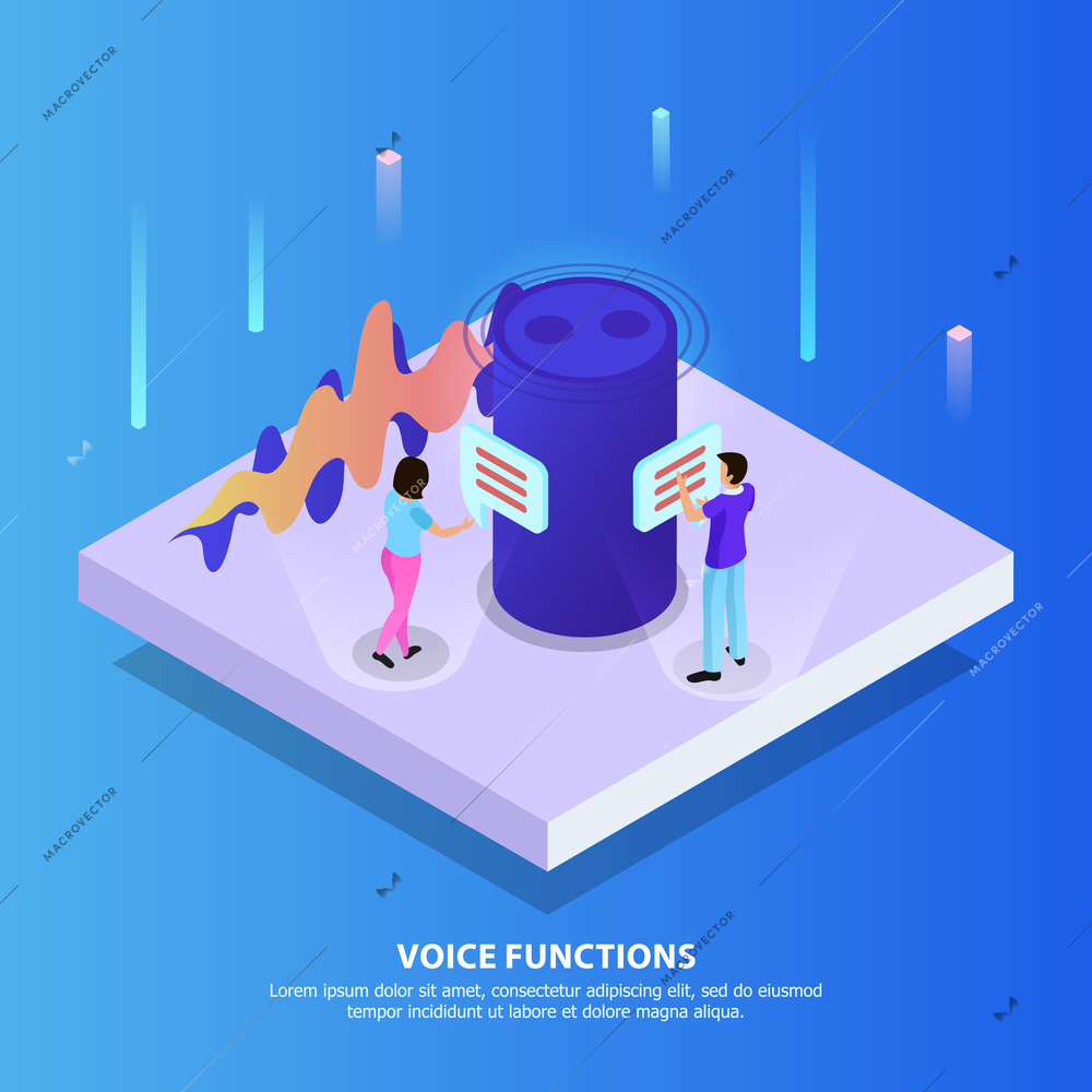 Voice functions isometric background with pair of young people conducting virtual dialogue near home speaker assistant big icon vector illustration