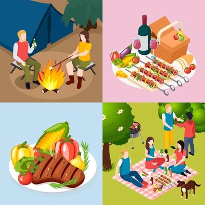 Bbq grill picnic isometic icon set with party in woods diner grill plate tent and campfire in the forest vector illustration