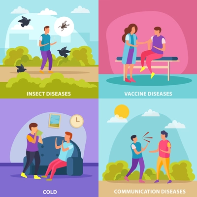 Diseases transmission ways 2x2 design concept set of cold insect vaccine and communication diseases flat vector illustration