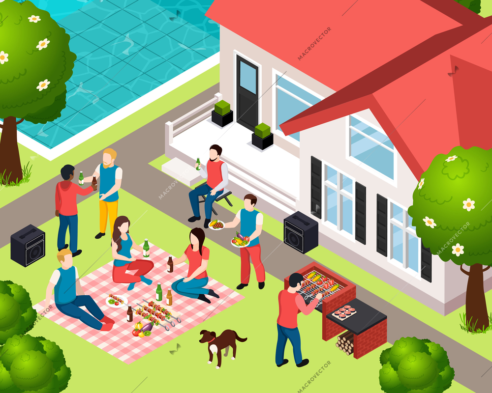 Bbq grill picnic isometic composition with company of friends at the party on back yard vector illustration