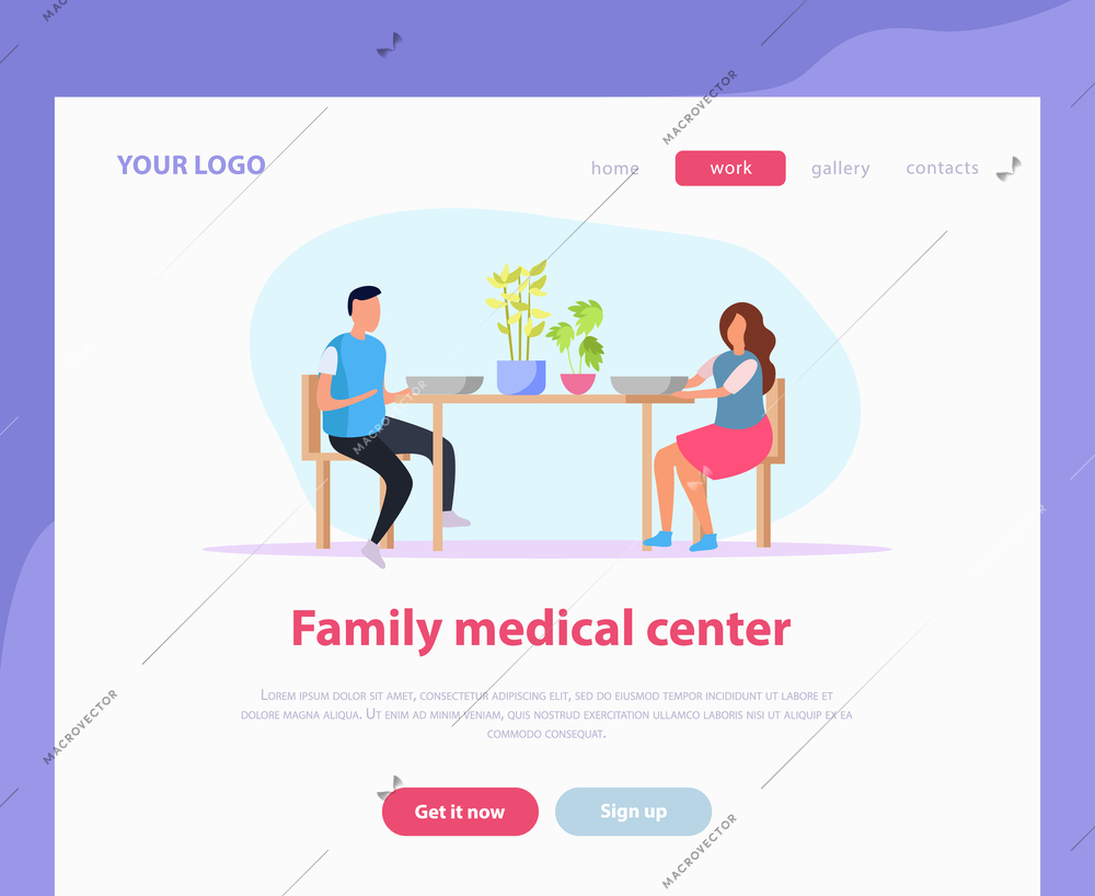 Family medical center advertising landing page with offer to get information or make appointment flat vector illustration