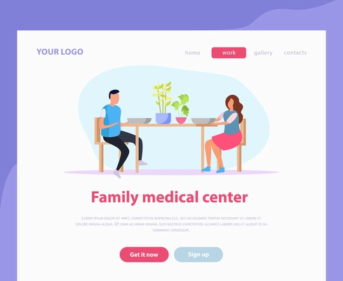 Family medical center advertising landing page with offer to get information or make appointment flat vector illustration