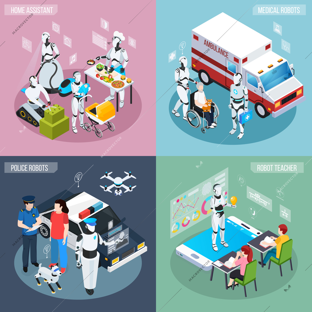 Four robot isometric professions icon set home assistant medical and police robots and teacher descriptions vector illustration