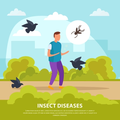 Insect diseases flat composition with walking man surrounded by birds and insects on nature background vector illustration