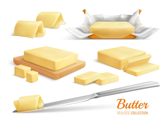 Realistic set of butter slices sticks and rolls isolated on white background vector illustration