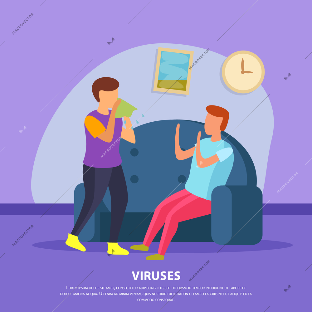 Viruses flat domestic background with two contacting characters one of whom is sick vector illustration