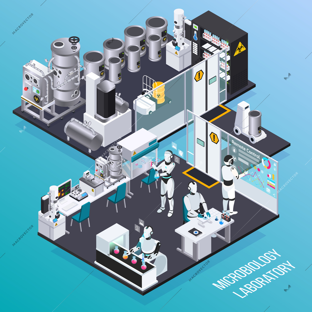 Robot isometric professions concept with microbiology robot employers in laboratory isolated room vector illustration