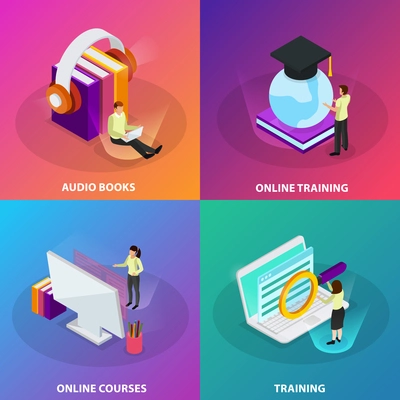 Online learning 2x2 design concept set of online courses online training audio books  square glow icons isometric vector illustration