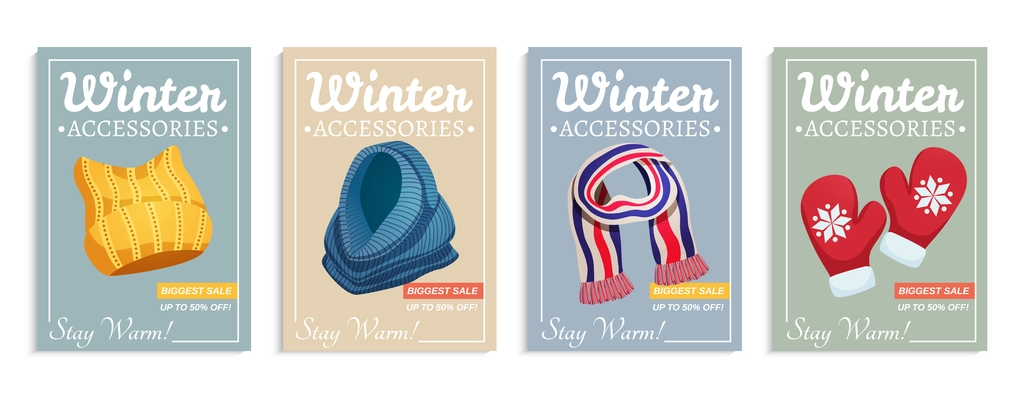 Seasonal winter scarf hats poster set of four vertical compositions with ornate text and clothes images vector illustration