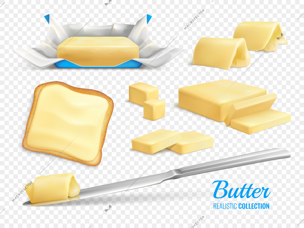 Butter sticks and slices realistic set isolated on transparent background vector illustration