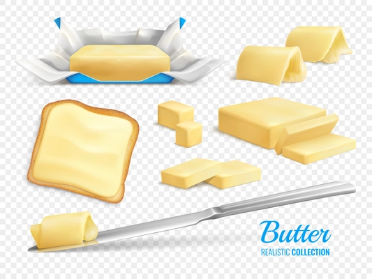 Butter sticks and slices realistic set isolated on transparent background vector illustration