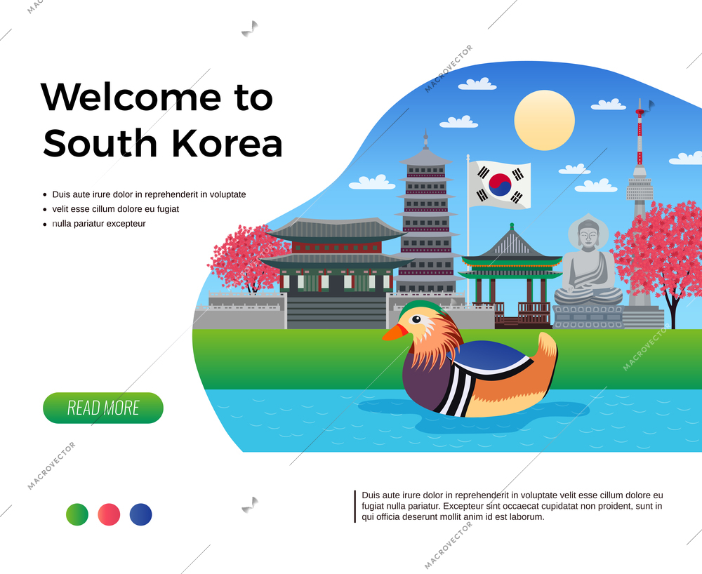 South korea tourism banner with clickable read more button editable text and composition of doodle images vector illustration