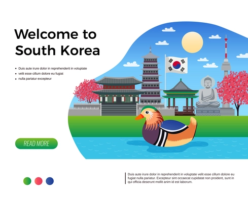 South korea tourism banner with clickable read more button editable text and composition of doodle images vector illustration